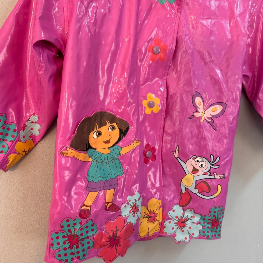 y2k Vintage Dora the Explorer Pink Rain Jacket Hooded Raincoat Girls Size 4/5